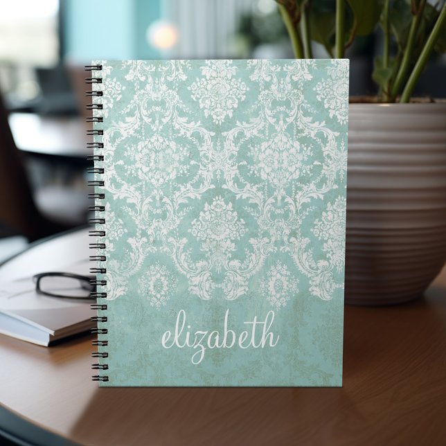 Caderno Espiral Cor damasco de Vintagem Azul de Gelo com Término G (Personalized notebook - add your name or other text)