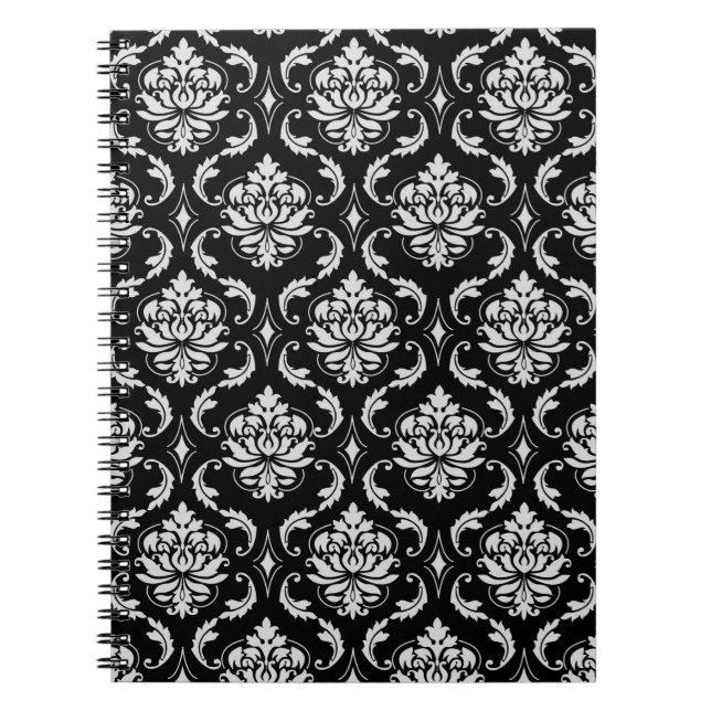 Caderno Espiral Cor damasco floral preto e branco clássica (Frente)