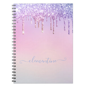 Caderno Espiral cor-de-água roxa rosa brilho feminino personaliza