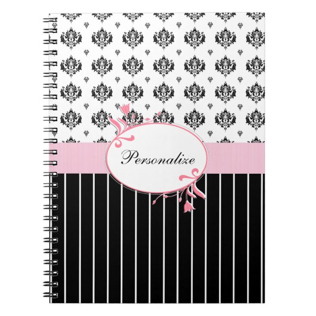 Caderno Espiral Cor-De-Rosa, Cinzenta, Preta E Branca, Com Nome (Frente)