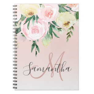 Caderno Espiral Cor-de-rosa e flores modernas do Pastel com nome