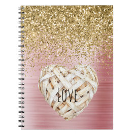 Caderno Espiral Coração Branco com Brilho Dourado