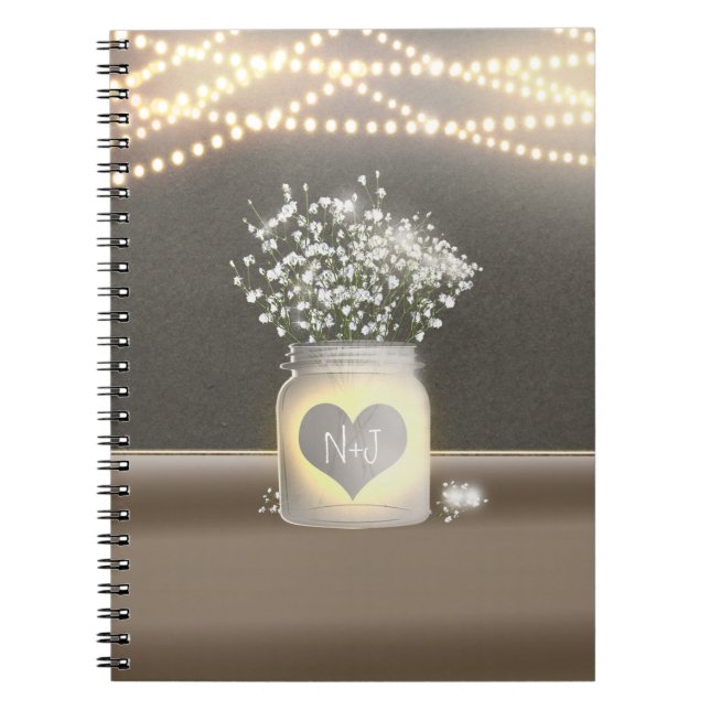 Caderno Espiral Coração brilhando Mason Jar e Baby's Breath Rustic (Frente)