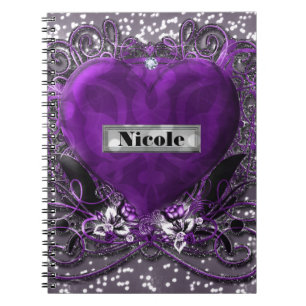 Caderno Espiral Coração de Purpurina Prata e Roxo Glam Gótico