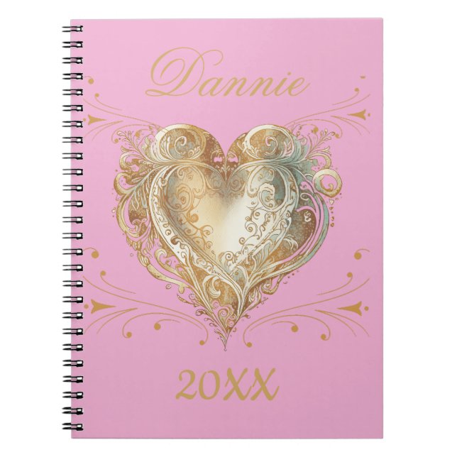 Caderno Espiral Coração Dourado e Rosa Elegante Personalizado (Frente)