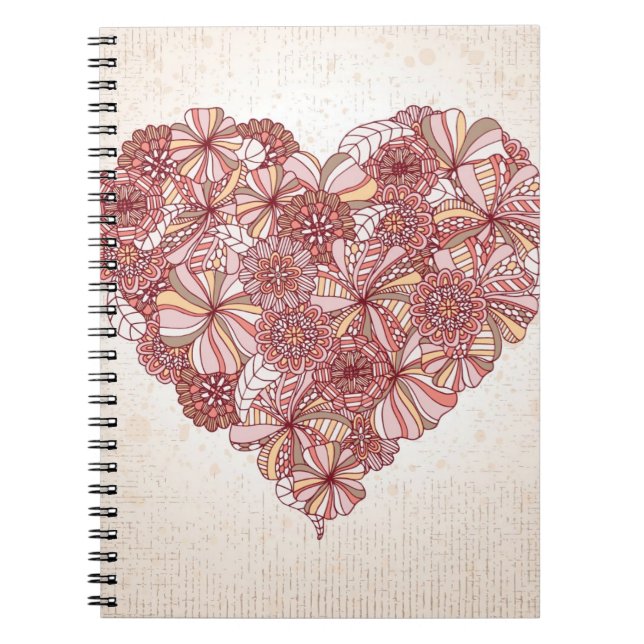 Caderno Espiral Coração feito de flores tiradas mão (Frente)