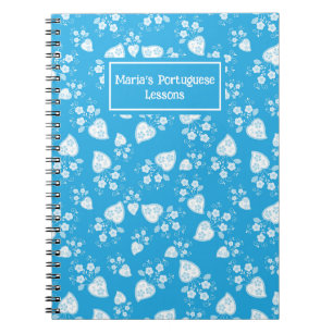 Caderno Espiral Coração flor azul com padrão de flores