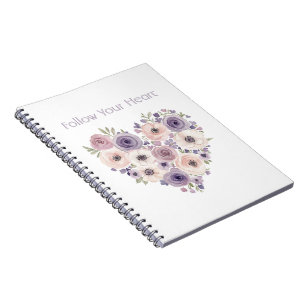 Caderno Espiral Coração Floral Rosa Roxo Branco