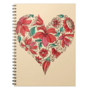 Caderno Espiral Coração retro do símbolo do amor das flores
