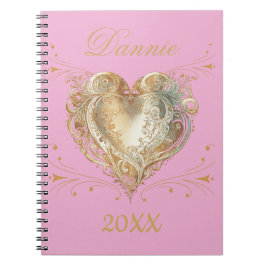 Caderno Espiral Coração Rosa & Dourado Elegante Personalizado
