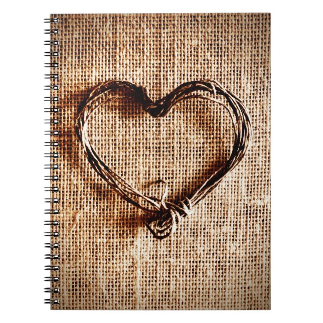 Caderno Espiral Coração Rustic Country Twine no Burlap Impressão (Frente)