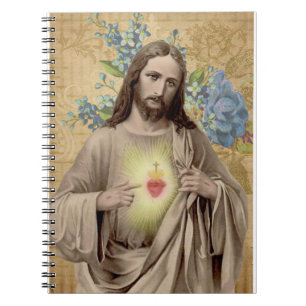 Caderno Espiral Coração sagrado do vintage de religioso floral d