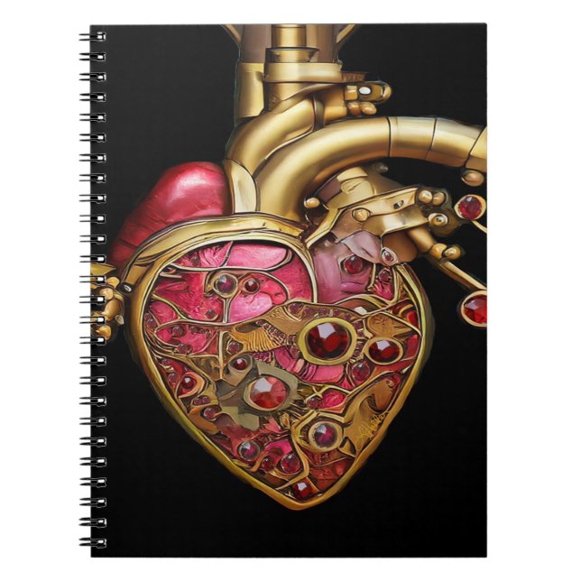 Caderno Espiral Coração Steampunk Rubis e Engrenagens Anatômicas (Frente)