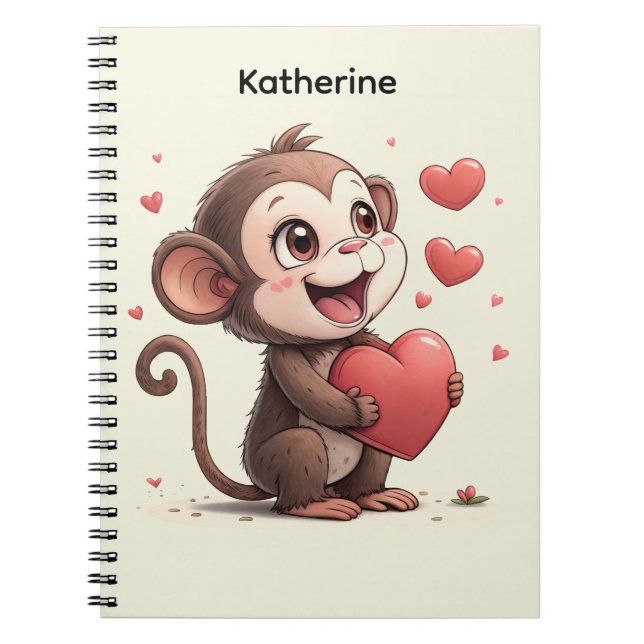 Caderno Espiral Coração Vermelho de Macaco Fofo (Frente)
