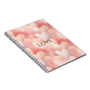 Caderno Espiral Corações bonito, cor-de-rosa, com pincel