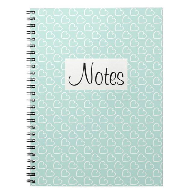 Caderno Espiral Corações bonito, design branco a azul (Frente)