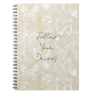 Caderno Espiral Corações Borboletas Branco Creme Romântico