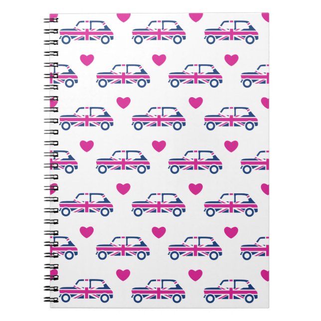 Caderno Espiral Corações britânicos de Mini Cooper - azul & rosa (Frente)