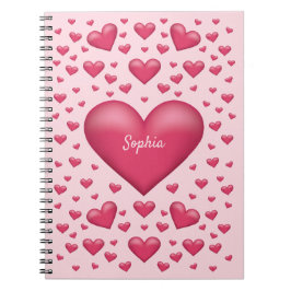 Caderno Espiral Corações Cor-de-Rosa com Texto Personalizável
