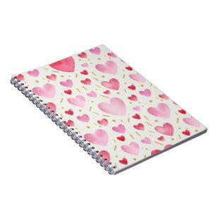 Caderno Espiral Corações Cor-de-Rosa em Aquarela