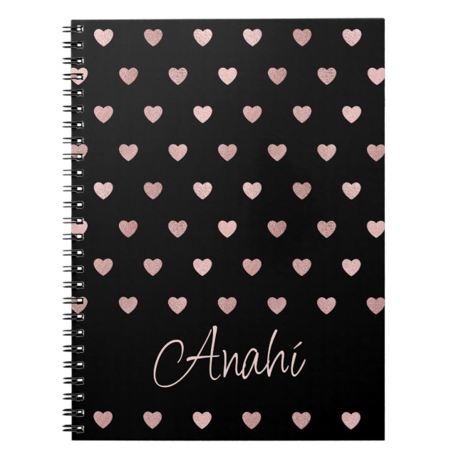 Caderno Espiral Corações de Bolinhas Dourada preto personalizados (Frente)