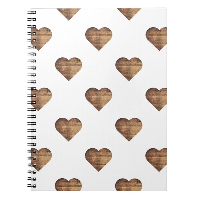 Caderno Espiral Corações de Madeira Marrom-Russo Simétrico Grande (Frente)
