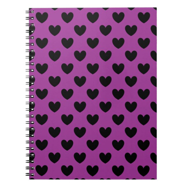 Caderno Espiral Corações de polca preta em roxo (Frente)