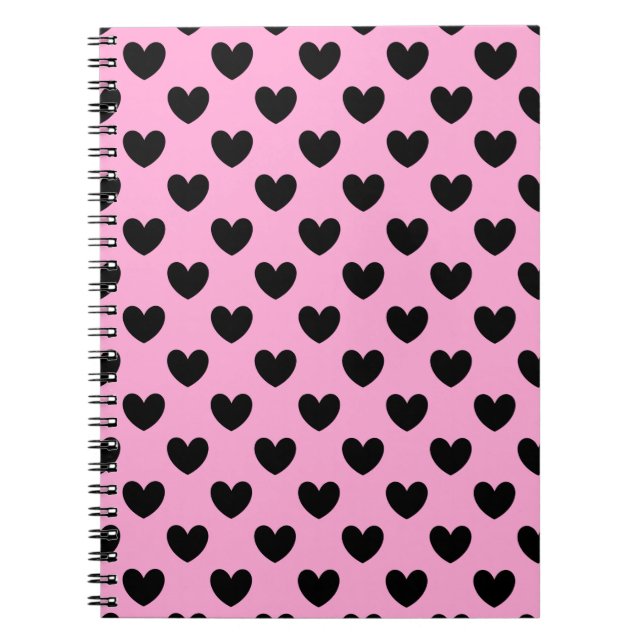 Caderno Espiral Corações de polca pretos em rosa-doce de algodão (Frente)