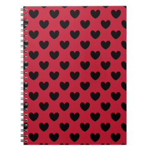 Caderno Espiral Corações de polca pretos em vermelho