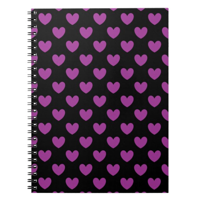 Caderno Espiral Corações de polca roxa em preto (Frente)