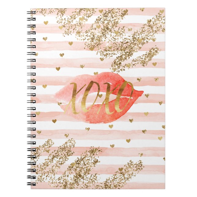 Caderno Espiral Corações Dourados Cor-de-rosa pincelados Lábios co (Frente)