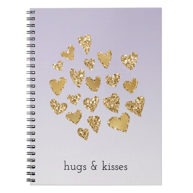Caderno Espiral Corações Dourados de Brilhante de Ombre Roxo (Frente)