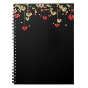 Caderno Espiral Corações Dourados e vermelhos sobre fundo negro