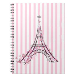 Caderno Espiral Corações e Borboletas Rosa Torre Eiffel Paris