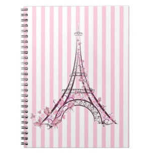 Caderno Espiral Corações e Borboletas Rosa Torre Eiffel Paris