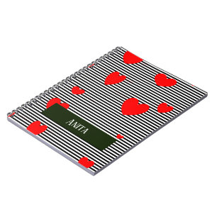Caderno Espiral Corações e listras vermelhas personalizadas