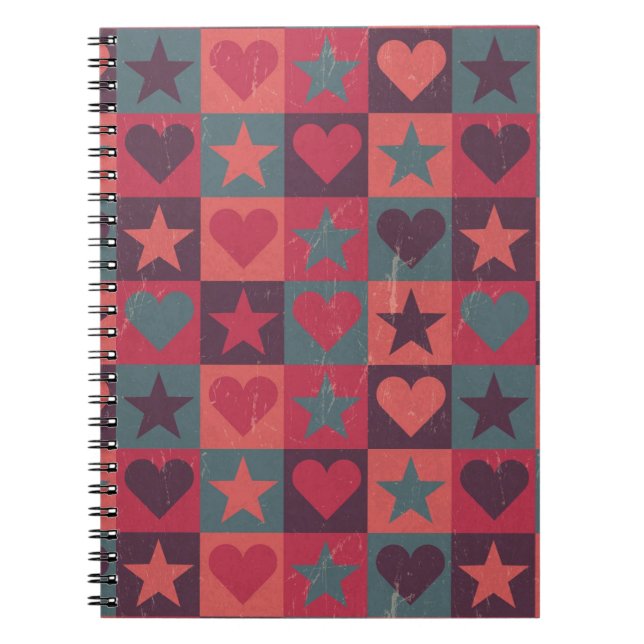 Caderno Espiral Corações e rosa do teste padrão de estrelas (Frente)