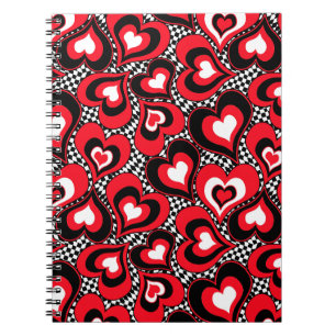 Caderno Espiral Corações, preto, vermelho e branco.