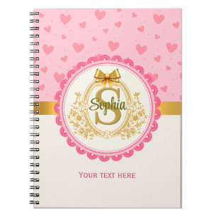 Caderno Espiral Corações Rosa Elegantes e Tiara Real Dourada Monog