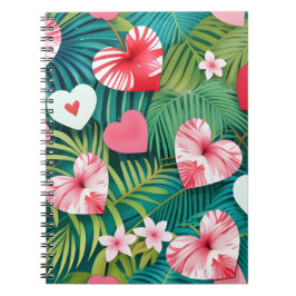 Caderno Espiral Corações simples e folhagem tropical