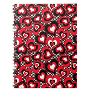 Caderno Espiral Corações, vermelho, preto, branco