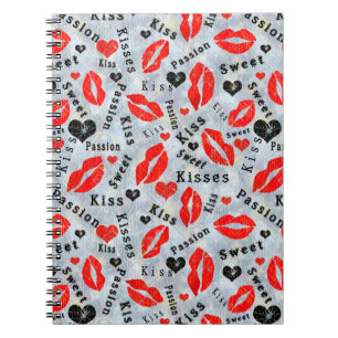 Caderno Espiral Corações, vermelho, preto, impressões de lábios, b
