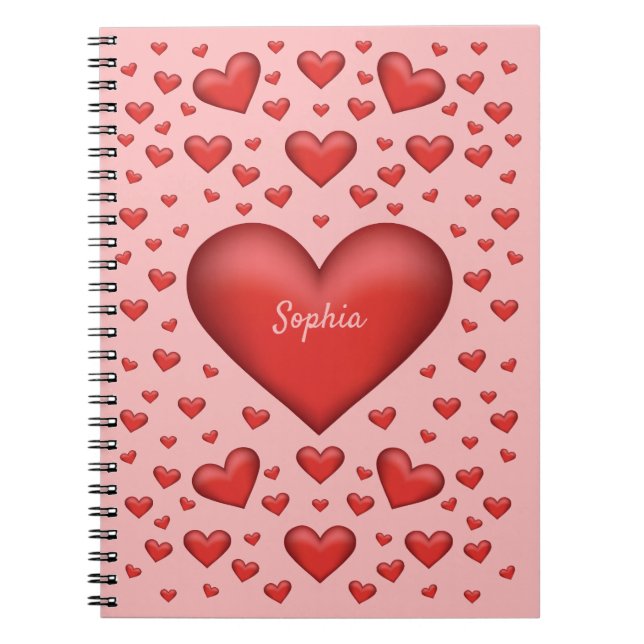 Caderno Espiral Corações Vermelhos com Texto Personalizável (Frente)