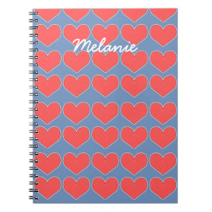 Caderno Espiral Corações Vermelhos no Padrão Azul Personalizado