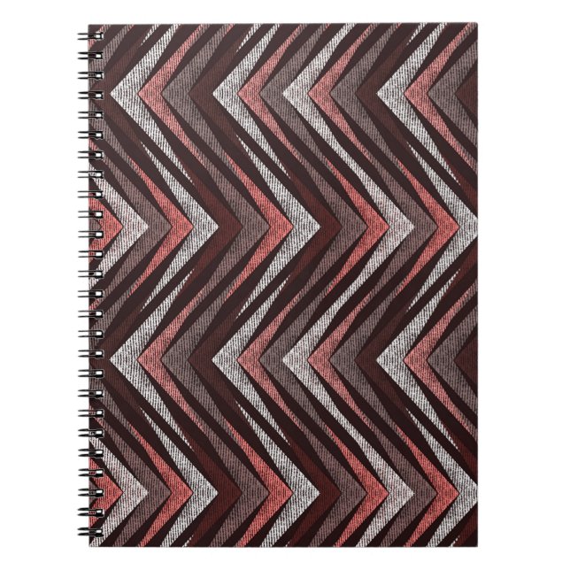Caderno Espiral Coral, cinza, padrão de ziguezague castanho. (Frente)