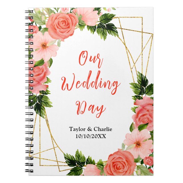 Caderno Espiral Coral Pink Red Roses Floral Wedding Planner (Frente)