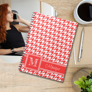 Caderno Espiral Coral Red White Houndstooth Monograma Moderno