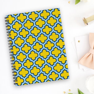 Caderno Espiral Corante amarelo e azul-bebê, latido, quatrefoil