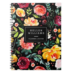 Caderno Espiral Cores d'água frias flores padrão de colagem