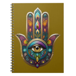 Caderno Espiral Cores de Pavão Hamsa com Terceiro Olho Dourado